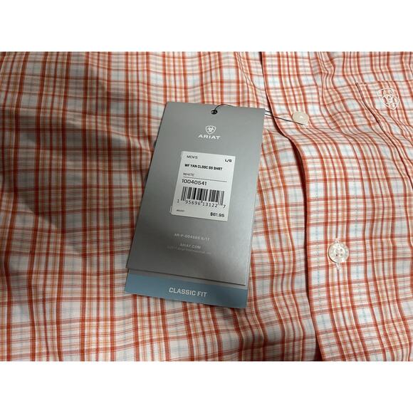 Ariat Mens Short Sleeve Button Down Classic Fit Orange Plaid Shirt Size Large - Picture 6 of 11